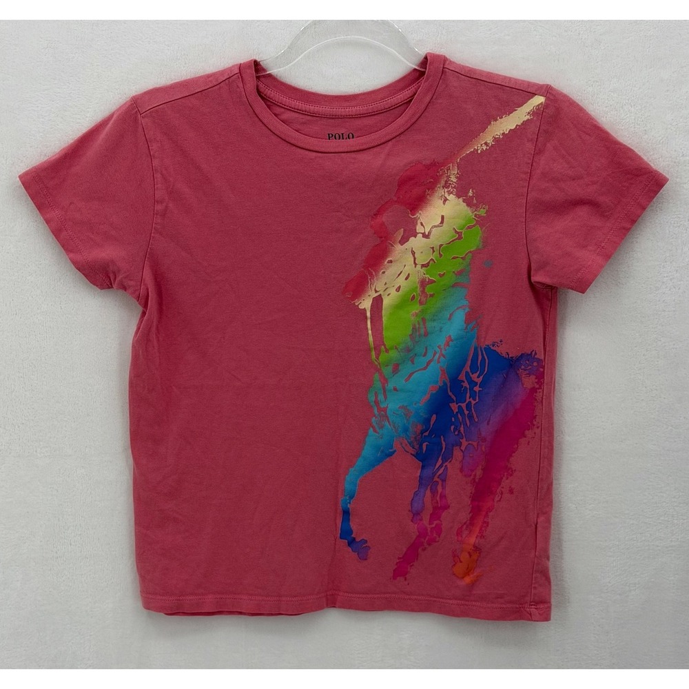 Polo Ralph Lauren T-Shirt Girls XL Pink Rainbow Big Pony Graphic Colorful Casual